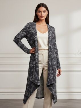 LuLaRoe Elegant Charcoal Duster Cardigan with White Floral Print